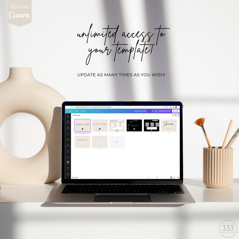 May include: A laptop computer displaying a Canva design template with the text "unlimited access to your template!" and "UPDATE AS MANY TIMES AS YOU WISH!" The template has several pages with different designs, including one with the text "SKINCARE".