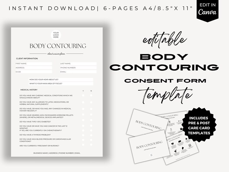 Body Sculpting Intake Forms, Body Contouring Forms, Editable Body