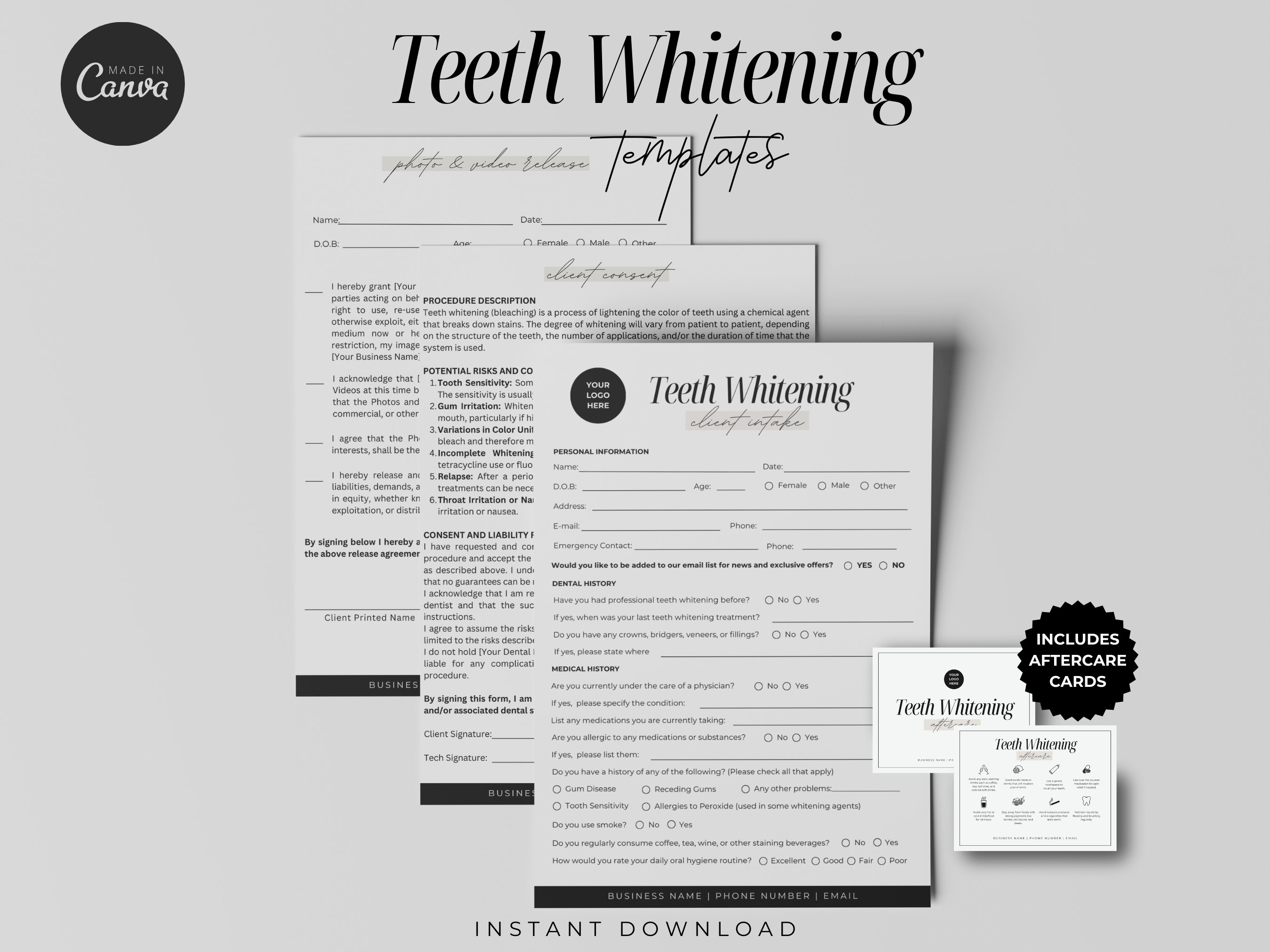 Teeth Whitening Consent Form, Teeth Whitening Client Intake Forms, Esthetician Consent Forms