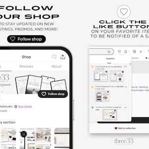 Może przedstawiać: Zrzut ekranu strony sklepu Etsy dla three33digitalstudio. Sklep oferuje cyfrowe planery, arkusze robocze i inne artykuły do druku. Sklep zrealizował ponad 1126 sprzedaży i jest sprzedawcą wyr&oacute;żnionym. Obraz przedstawia r&oacute;żne produkty, w tym planowanie ślubu, planowanie tygodniowe i planowanie budżetu. Sklep ma r&oacute;wnież przycisk "Obserwuj sklep".