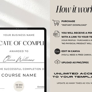May include: A white certificate template with the text "Certificate of Completion" and "Awarded to" with a space for a name. The text "Your Business Name" and "Course Name" are also included. The template is designed to be edited in Canva.