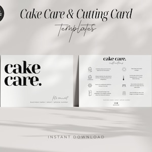 Cartão de cuidados com o bolo, cartão de bolo editável, cartão de cuidados com a padaria, instruções para bolo, cartão de cuidados com o bolo de casamento, guia de cuidados com o bolo, cartão de corte de bolo, Canva
