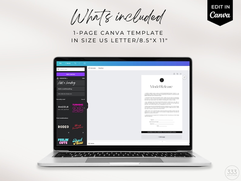 May include: A laptop computer displaying a Canva template for a model release form. The form is black and white with the text "Model Release" at the top. The laptop is on a white background. The text "EDIT IN Canva" is in the top right corner of the image.