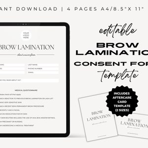 Formulaire de consentement pour plastification des sourcils, Modèle d'esthéticienne, Formulaire de consentement pour l'épilation à la cire, Modèle canva modifiable, Formulaire de sélection des sourcils, Formulaires pour salon de beauté