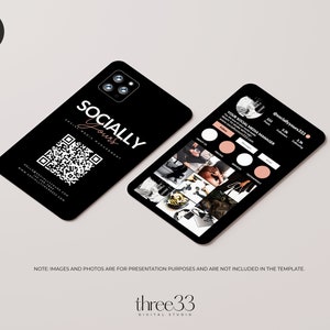 May include: A black and white mockup of a phone screen displaying a social media profile with the text "@sociallyyours123" and "YOUR SOCIAL MEDIA MANAGER". The profile has 223 posts, 1.1M followers, and 1.2M following. The phone screen also shows a grid of nine images. The text "SOCIALLY yours" is displayed on a black phone screen with a QR code.