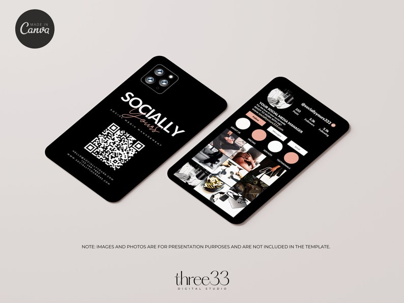 May include: A black and white mockup of a phone screen displaying a social media profile with the text "@sociallyyours123" and "YOUR SOCIAL MEDIA MANAGER". The profile has 223 posts, 1.1M followers, and 1.2M following. The phone screen also shows a grid of nine images. The text "SOCIALLY yours" is displayed on a black phone screen with a QR code.