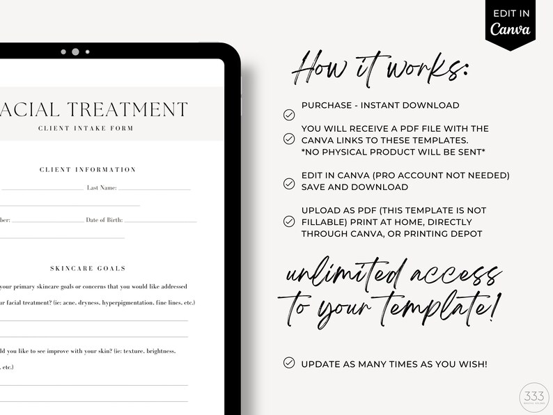 Esthetician Forms Template Bundle, Facial Client Intake (canva Editable ...