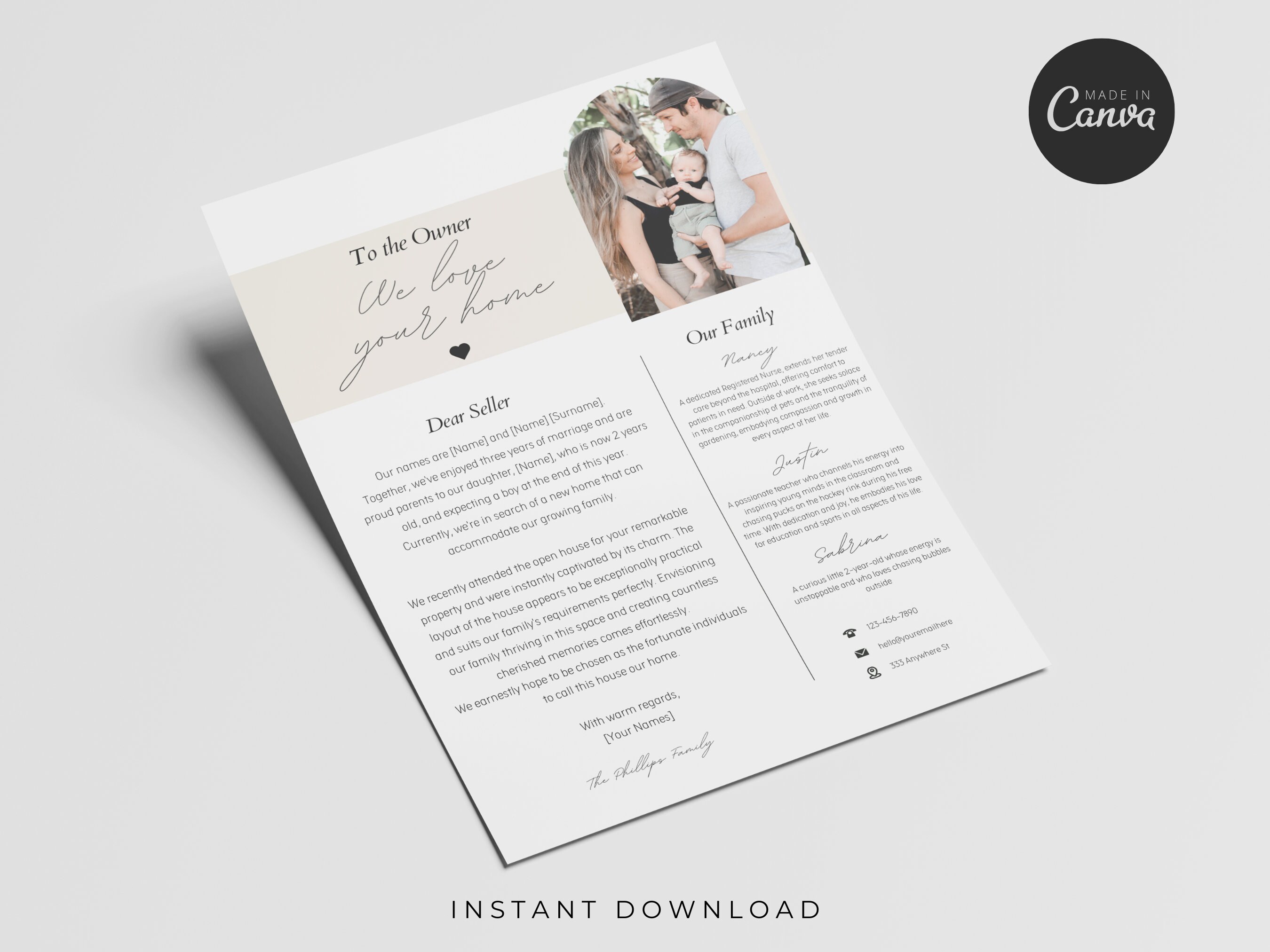 Home Offer Letter Template, Letter to Seller, We Love Your Home Letter