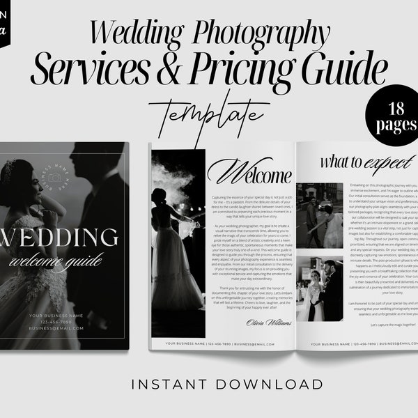 Wedding Photography Pricing Guide, Photographer Client Guide , Canva Welcome Guide, Service and Pricing Guide, Magazine Template, Price List