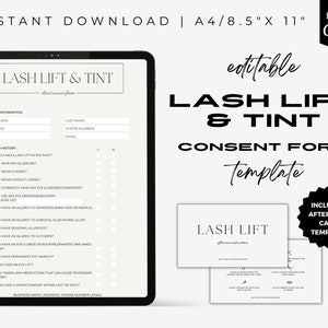 Lash toestemmingsformulier, schoonheidsspecialiste sjabloon, bewerkbare lash lift toestemming, bewerkbare Canva-sjabloon, klantennazorgkaarten, toestemmingsformulier voor waxen,