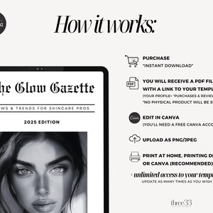 Może przedstawiać: Cyfrowy makiet okładki magazynu The Glow Gazette, publikacji dla profesjonalist&oacute;w ds. pielęgnacji sk&oacute;ry. Okładka przedstawia czarno-białe zdjęcie twarzy kobiety oraz tekst "News & Trends for Skincare Pros" i "2025 Edition".