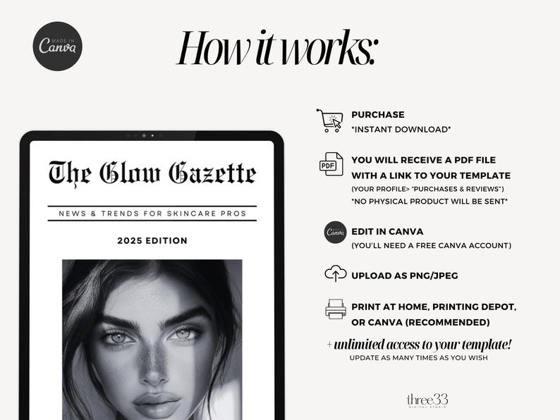 Może przedstawiać: Cyfrowy makiet okładki magazynu The Glow Gazette, publikacji dla profesjonalist&oacute;w ds. pielęgnacji sk&oacute;ry. Okładka przedstawia czarno-białe zdjęcie twarzy kobiety oraz tekst "News & Trends for Skincare Pros" i "2025 Edition".