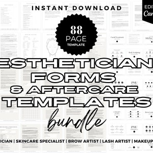 May include: A digital download bundle of 88 printable esthetician forms and aftercare templates. The templates are designed for use by estheticians, skincare specialists, brow artists, lash artists, and makeup artists. The templates are editable in Canva.