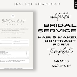 Bridal Services Contract, MUA Client Forms, Wedding Contract, Canva Template, Freelance Service, Beauty Template, Wedding Makeup,Hairdresser