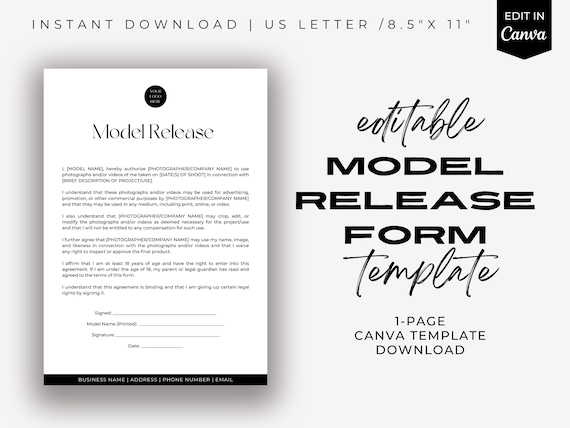 Editable Model Release Form Template, Photography Contract (Canva Template)