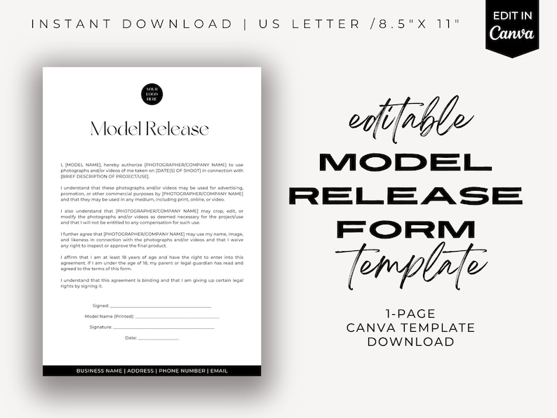 May include: Editable Model Release Form Template in black and white text on a white background. The text reads "Editable Model Release Form Template" and "1-Page Canva Template Download".