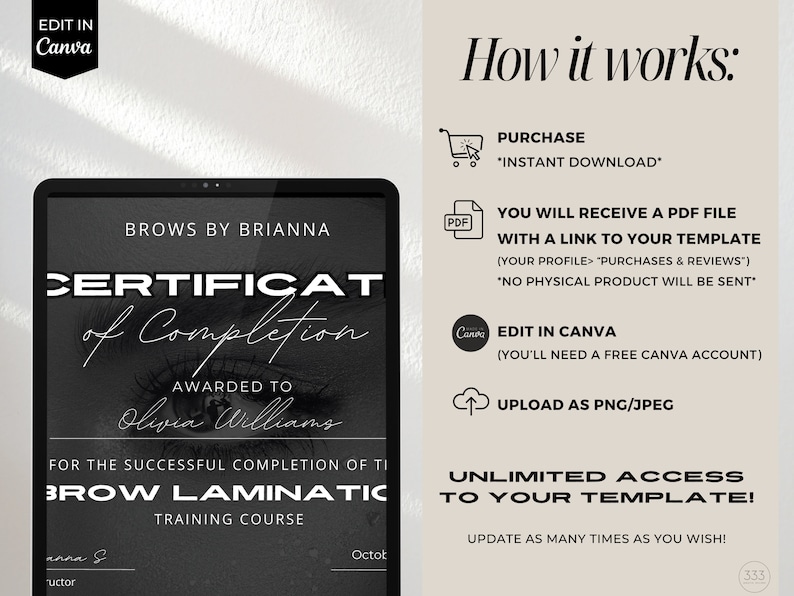 May include: A black and white certificate of completion for a brow lamination training course. The certificate is awarded to Olivia Williams. The text "BROW LAMINATION TRAINING COURSE" is displayed on the certificate. The text "EDIT IN CANVA" is displayed on a white background with a Canva logo.