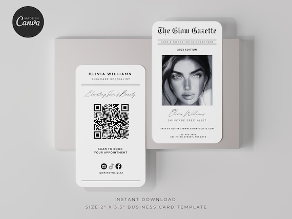 Newspaper Skincare Business Card Template, QR Code (Digital Download)