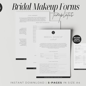 Plantilla de contrato de maquillaje de novia, contrato de maquillador, formularios de cliente de maquillador, contrato de maquillaje de boda, plantilla de Canva, plantilla de esteticista
