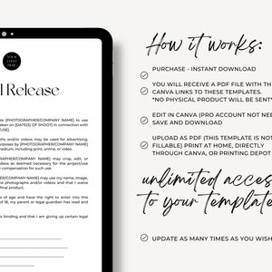 May include: A digital template for a model release form. The form includes fields for the model's name, signature, and date. The text on the form reads "Model Release". The image also includes a section titled "How it works" that describes how to use the template. The text reads "Purchase - Instant Download", "You will receive a PDF file with the Canva links to these templates", "*No physical product will be sent*" , "Edit in Canva (Pro account not needed)", "Save and download", "Upload as PDF (This template is not fillable) Print at home, directly through Canva, or printing depot", "Unlimited access to your template!" and "Update as many times as you wish!"