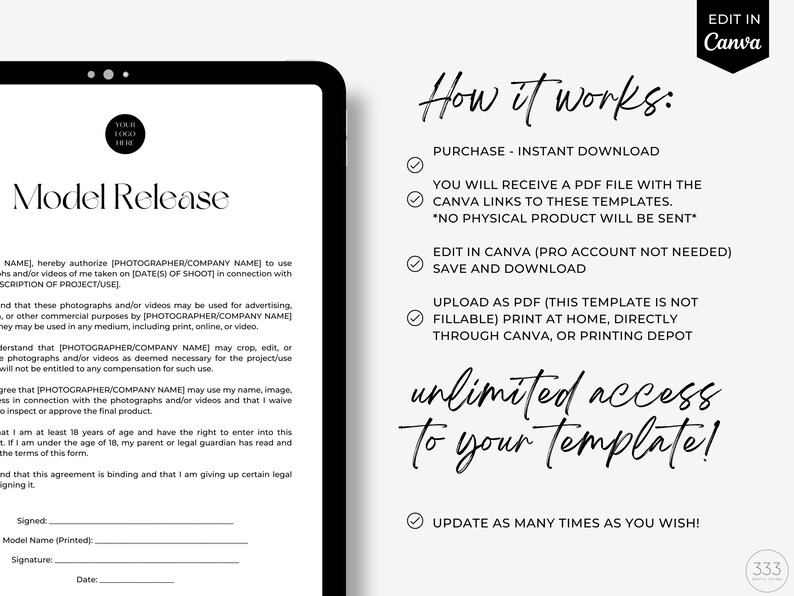 May include: A digital template for a model release form. The form includes fields for the model's name, signature, and date. The text on the form reads "Model Release". The image also includes a section titled "How it works" that describes how to use the template. The text reads "Purchase - Instant Download", "You will receive a PDF file with the Canva links to these templates", "*No physical product will be sent*" , "Edit in Canva (Pro account not needed)", "Save and download", "Upload as PDF (This template is not fillable) Print at home, directly through Canva, or printing depot", "Unlimited access to your template!" and "Update as many times as you wish!"