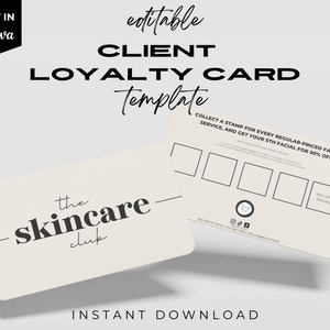 Scheda fedeltà modificabile per il cliente, modello per estetista, modifica in Canva, consulenza sulla pelle, scheda timbro di bellezza, fedeltà del salone stampabile, cura della pelle