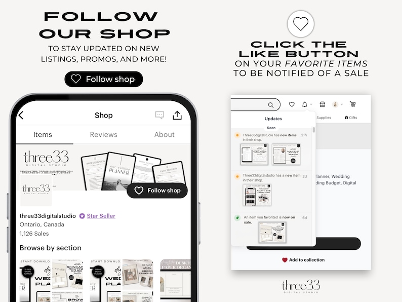 May include: Screenshot of an Etsy shop page for three33digitalstudio. The shop features digital planners, worksheets, and other printable items. The shop has over 1,126 sales and is a Star Seller. The image shows a variety of products, including a wedding planner, a weekly planner, and a budget planner. The shop also has a "Follow Shop" button.
