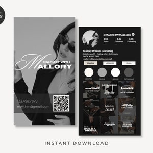 Biglietto da visita Instagram, modello di biglietto da visita, modelli di agenzie di marketing digitale, biglietto da visita con codice QR, agenzia di social media, Canva