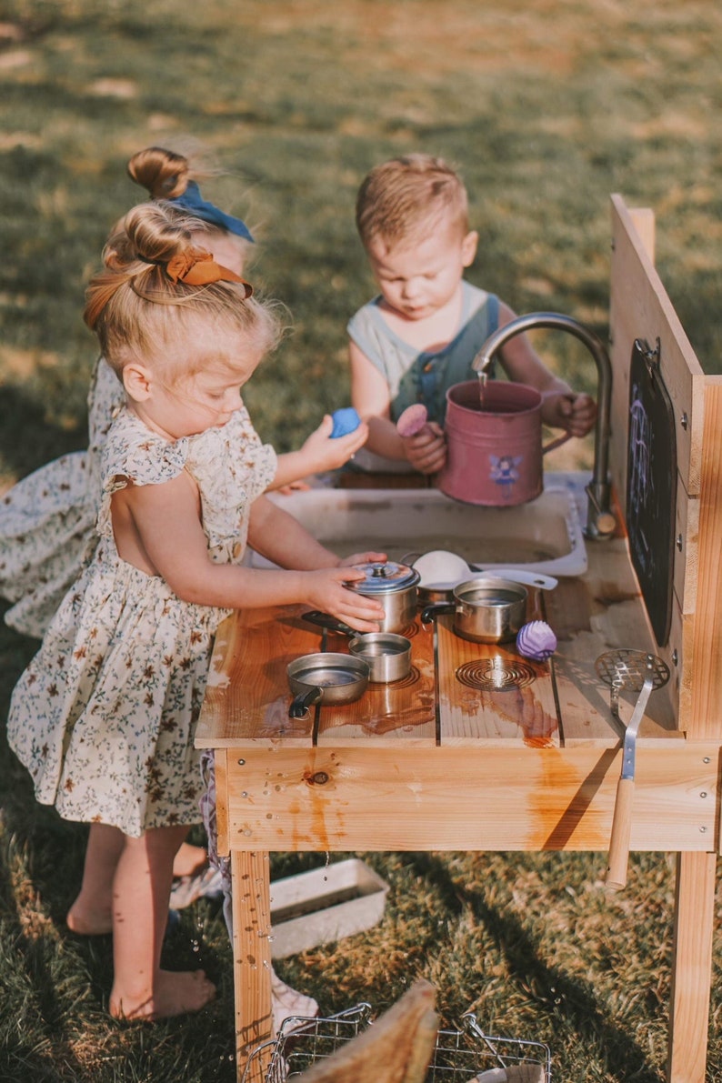Mud Kitchen & Water Table Combo Handcrafted in USA Outdoor Sensory Activity Set image 3