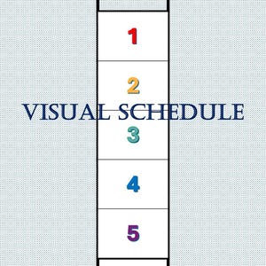 May include: A visual schedule with the text "VISUAL SCHEDULE" in navy blue. The schedule is divided into sections labeled "Starting Activity," and "Finishing Activity." Numbers 1 through 5 are in different colours. The background is a light blue dotted pattern.