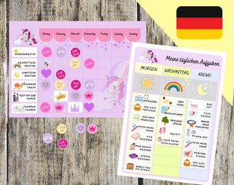 Daily Routine GERMAN Version, Printable Chore Chart + Reward Chart for Kids, Unicorn