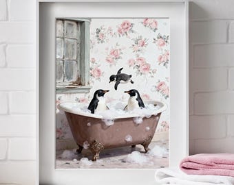 Funny Penguins in Bathtub Wall Art, Cute Bathroom Animal Art Print, Whimsical Penguin Family Poster, Rustic Vintage Washroom Decor Gift