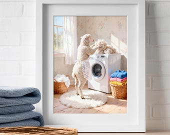 Funny Sheep Art Print, Sheep Doing Laundry Poster, Whimsical Farmhouse Wall Decor, Quirky Animal Washing Machine Art, Sheep in Apron Gift