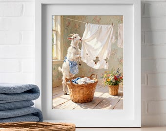 Funny Goat Wall Art, Goat Chewing Laundry Poster, Whimsical Farmhouse Decor, Quirky Animal Bathroom Print, Country House Laundry Room Gift