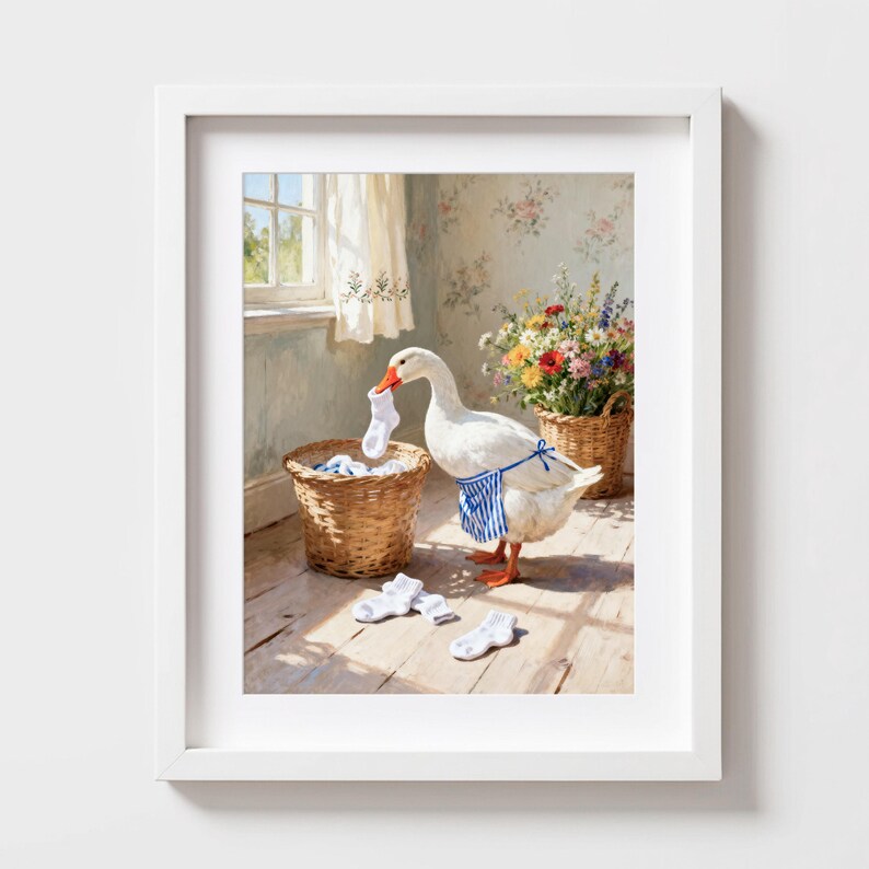 May include: A framed art print featuring a white goose with an orange beak wearing a blue and white striped apron. The goose holds a white sock in its beak near a woven wicker laundry basket filled with socks, with three socks on the floor.