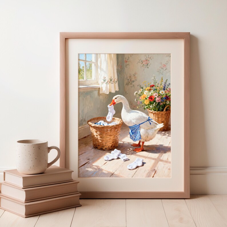 May include: A framed print featuring a white goose wearing a blue and white striped apron, holding a white sock in its beak near a wicker laundry basket. Three white socks lie on the wooden floor, with a bouquet of colorful flowers nearby.