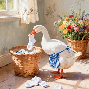 May include: A white goose with an orange beak wearing a blue and white striped apron. The goose holds a white sock in its beak near a woven wicker laundry basket filled with white socks. Additional white socks lie on the wooden floor nearby.