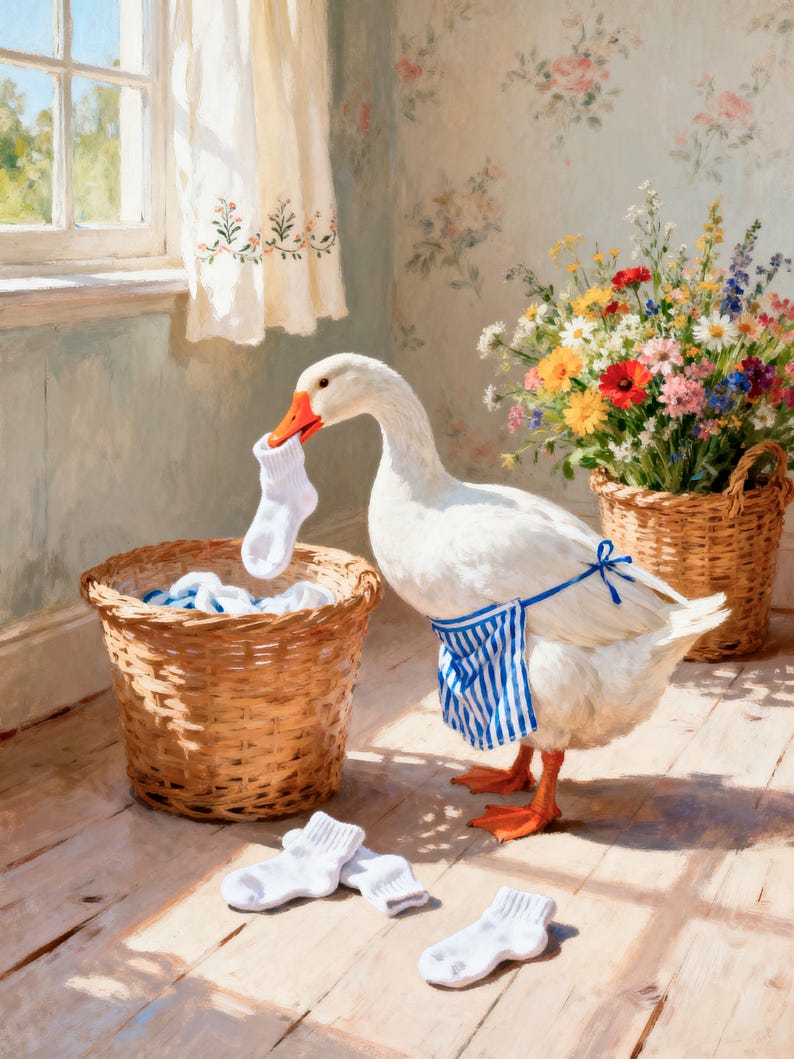 May include: A white goose with an orange beak wearing a blue and white striped apron. The goose holds a white sock in its beak near a woven wicker laundry basket filled with white socks. Additional white socks lie on the wooden floor nearby.