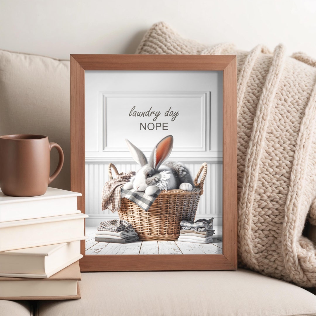 Rabbit in Laundry Basket Laundry Room Wall Art, Cute Bunny Humor Art ...