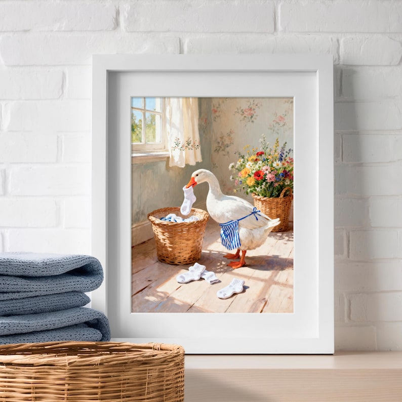 May include: A framed wall art print depicting a white goose wearing a blue and white striped apron. The goose holds a white sock in its beak near a wicker laundry basket, with scattered white socks on the floor and a basket of colorful flowers.