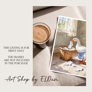 May include: A rectangular art print featuring a white goose with an orange beak wearing a blue and white striped apron. The goose holds a white sock in its beak near a woven wicker basket filled with socks on a wooden floor near a window.