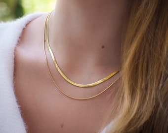 Gold Layered Minimalist Necklace | Herringbone & Snake Chain | Layering Chain | Gold Plated Stainless Steel Necklace