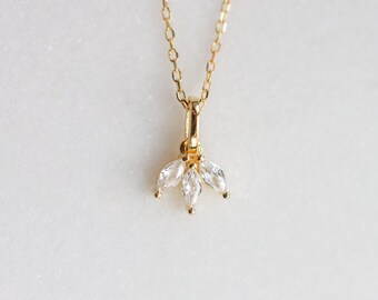 Dainty Gold Triple Leaf Marquise CZ Pendant Necklace – Made From 925 Sterling Silver