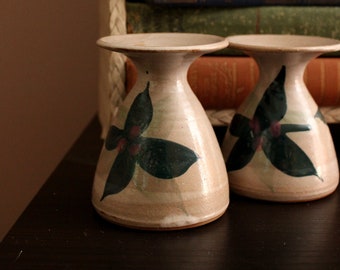 Pottery Candlestick Pair of Two Earthtone Floral Hand Painted Motif