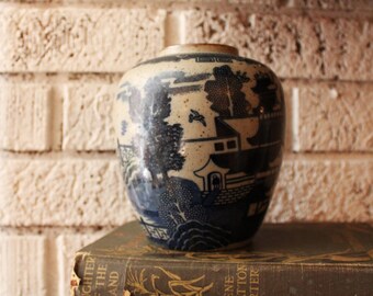 Vintage Gray and Blue Japanese Ginger Jar Vase, Pottery, Moody Colors.