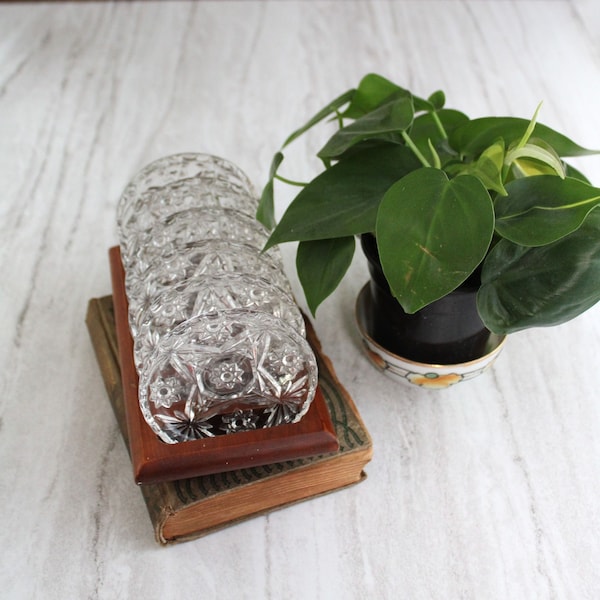 Vintage Cut Glass Coaster Set with Wooden Storage Tray.