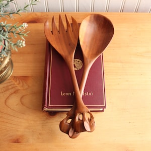 Vintage Hand Carved Teak Wood Salad Serving Set, Large Fork and Spoon, Elephants.