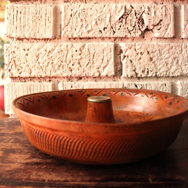 Vintage Wood Carved Nut Bowl, Round Shallow Wooden Dish.