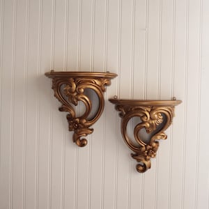 Pair of Vintage Ornate Gold Tone Wall Shelves, Syroco, Hollywood Regency.