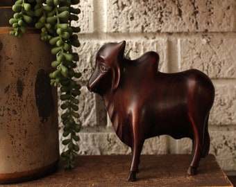 Vintage Wood Carved Brama Bull, Animal Sculpture, Wooden Figure.